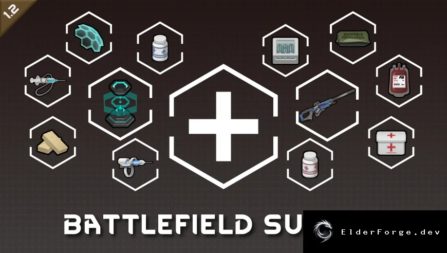 Battlefield Supply — набор боевого снаряжения и медицинских средств для RimWorld