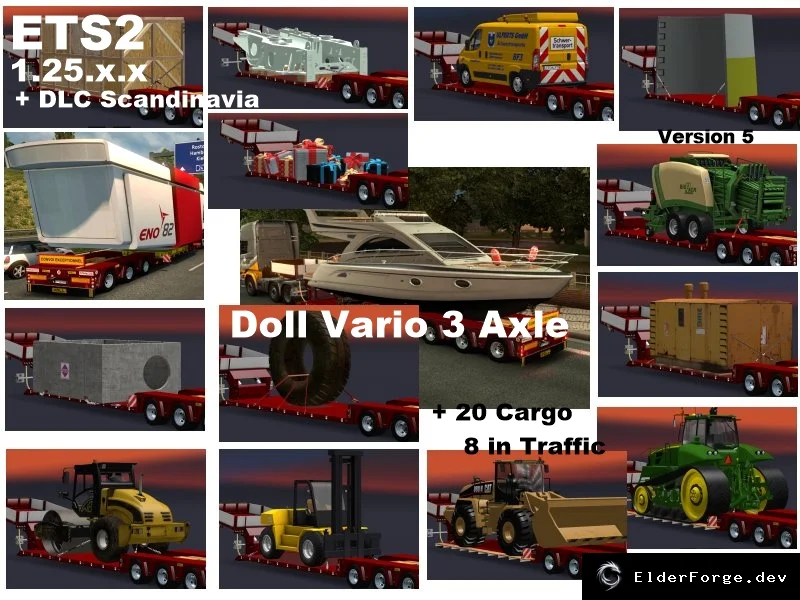 Обложка мода: Doll Vario 3‑осный с 20 грузами и 8 в AI‑трафике – мод для ETS2 1.25