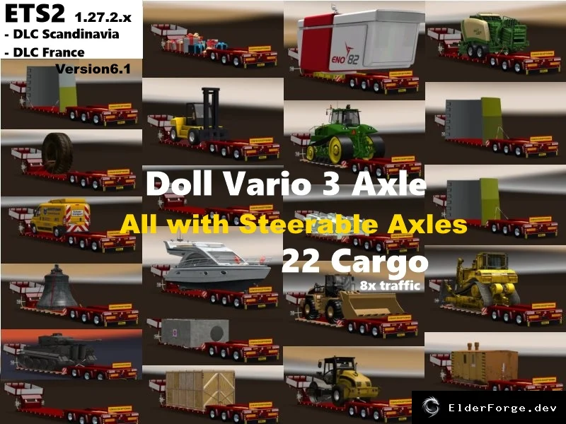 Обложка мода: Doll Vario 3‑осный с 22 грузами и 8 трейлеров в трафике – ETS2 1.27.2.x + DLC Scandinavia/Fr…