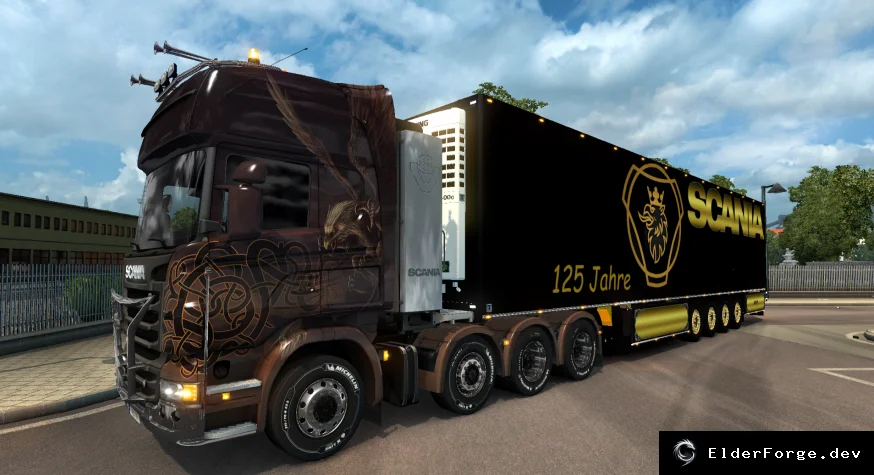 Обложка мода: Euro Truck Simulator 2 – автономный прицеп Scania 125 Jahre (чёрный и золотой)