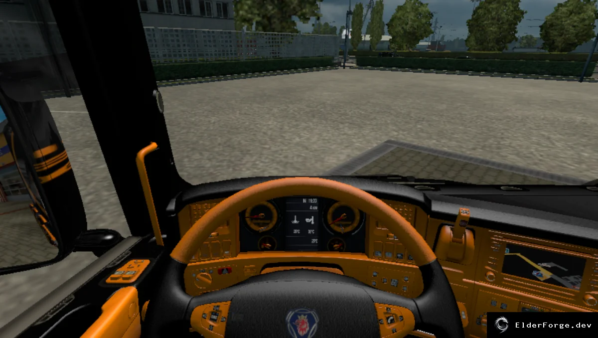 Обложка мода: Euro Truck Simulator 2 – Скин Scania RS RJL: салон, приборы, колёса и автономный прицеп