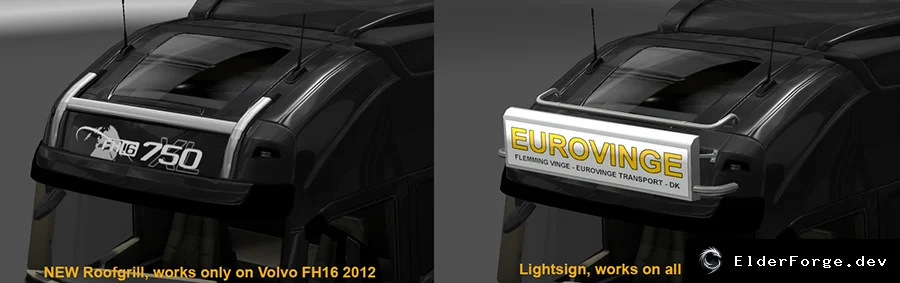Обложка мода: Euro Truck Simulator 2 – Хромированный бар и табличка на крыше (Devil Roofgrill &amp; Lightsign)