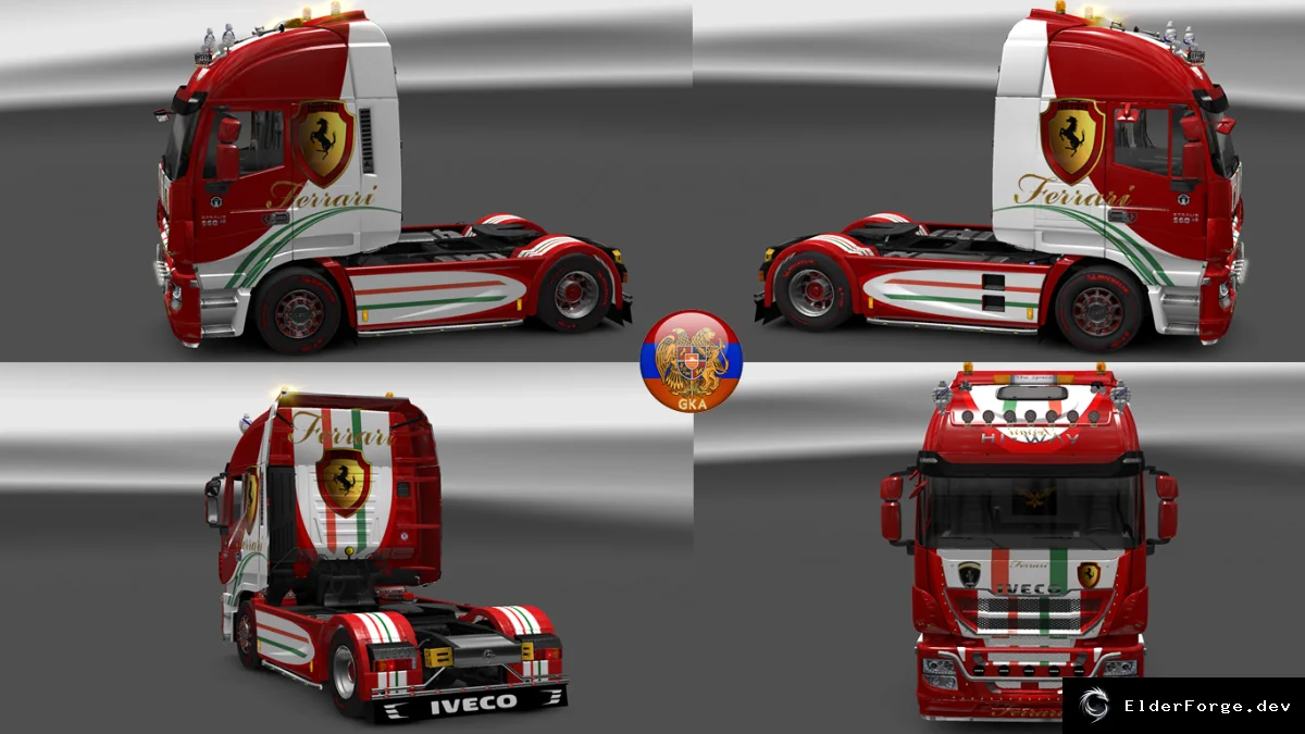 Обложка мода: Ferrari Combo‑Skin для Iveco Highway в ETS2: скин, аэродинамический прицеп и два интерьера