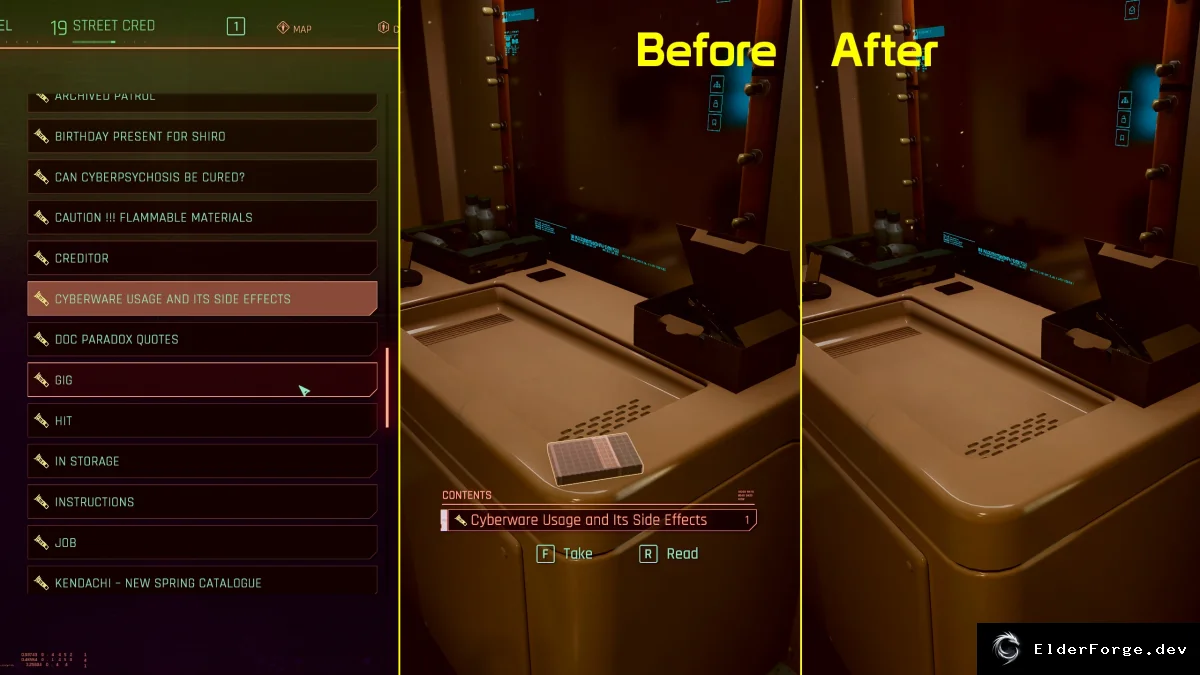 Обложка мода: Hide Read Shards — скрывает уже прочитанные осколки в Cyberpunk 2077