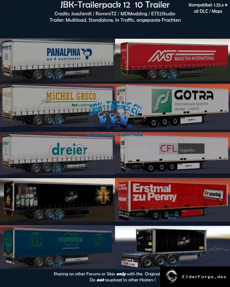 Обложка мода: JBK Trailerpack 12 – пакет автономных прицепов с 10 скинами для Euro Truck Simulator 2