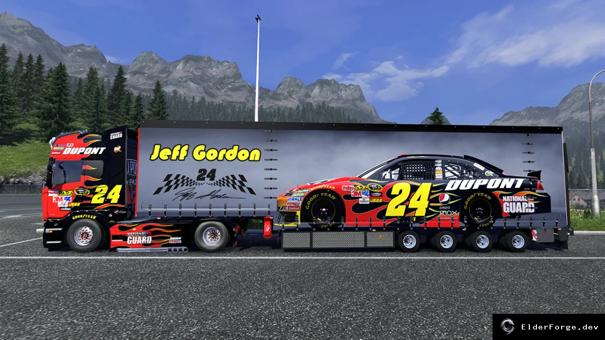 Обложка мода: Jumbo Trailer NASCAR + скины для Scania и Volvo FH16 – мод для Euro Truck Simulator 2