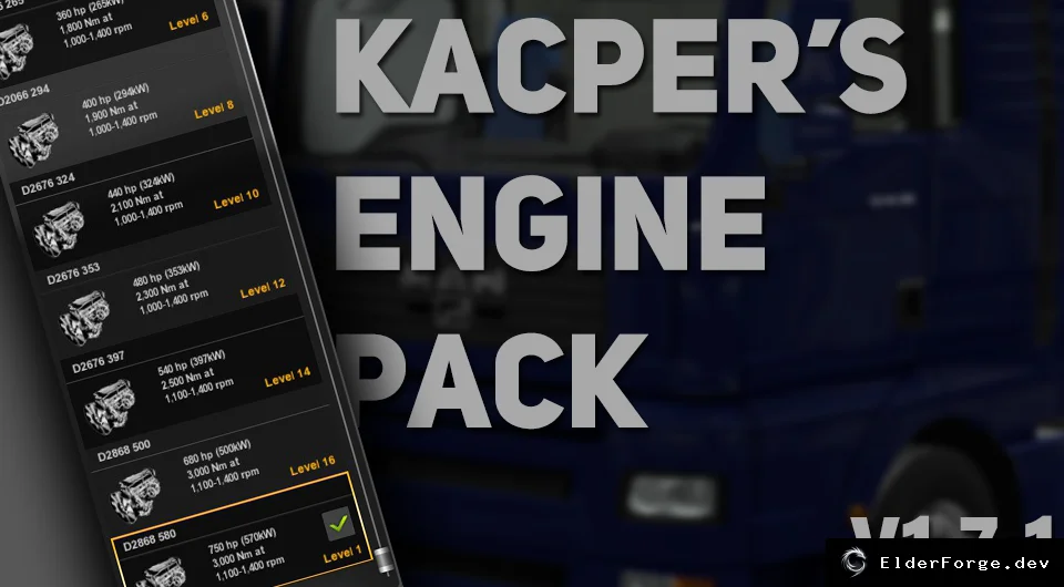 Обложка мода: Kacper's Engine Pack v1.7.1 – новые двигатели для 44 грузовиков в Euro Truck Simulator 2