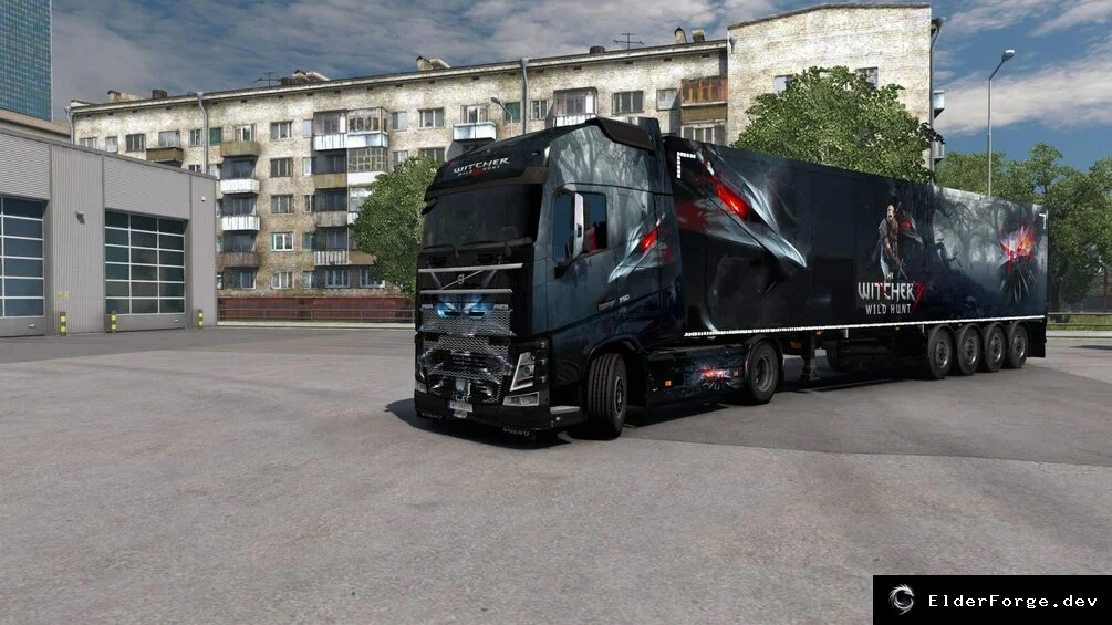 Обложка мода: Комбо‑скин «Ведьмак» для ETS2: Volvo FH 2012 и SCS Box Trailer