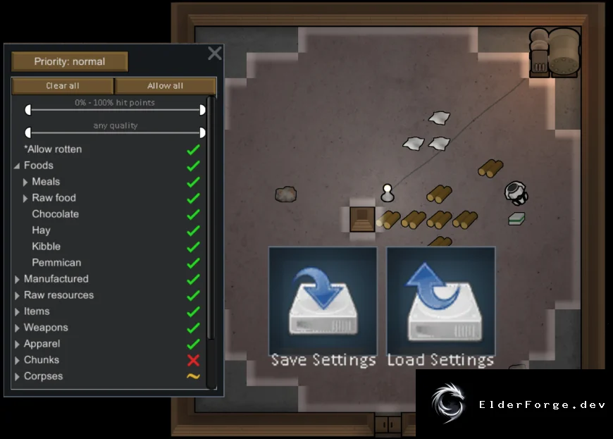 KV: Сохранение настроек склада, экипировки, крафта и операций для RimWorld