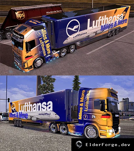 Обложка мода: Lufthansa Combo Skin для Volvo FH16 2013, Scania R 2009 и аэродинамического трейлера в ETS2