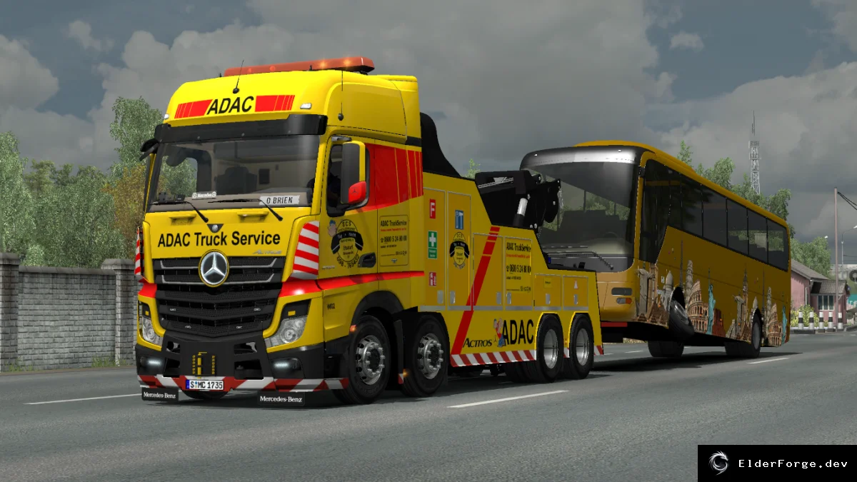 Обложка мода: Mercedes Actros MP4 Crane Truck + Trailer Pack с ADAC Skin для ETS2 1.35 (DX11)