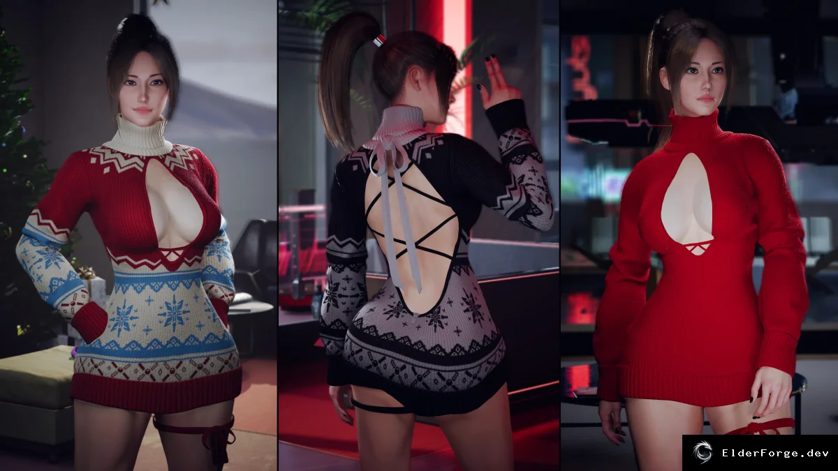 Обложка мода: Новогодний свитер с вырезами — праздничный наряд для Cyberpunk 2077