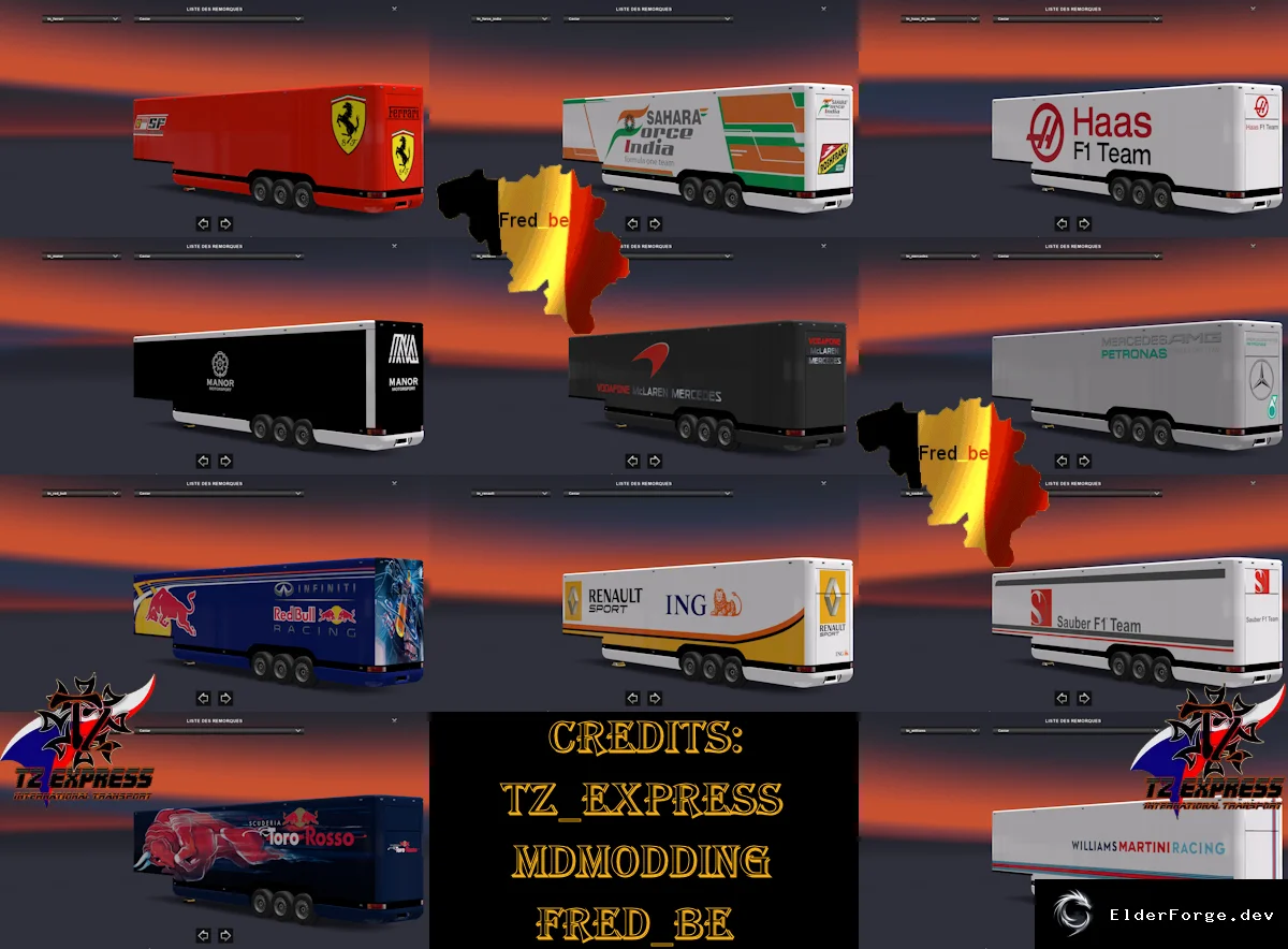 Обложка мода: Прицеп Aero‑Dynamic F1 для ETS2 1.23 – 12 командных скинов, автозапчасти
