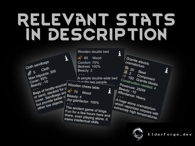 Relevant Stats In Description – отображение важных показателей зданий в RimWorld