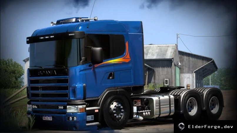 Обложка мода: Scania 124G Frontal для Euro Truck Simulator 2 – звук V8, тюнинг и поддержка DLC
