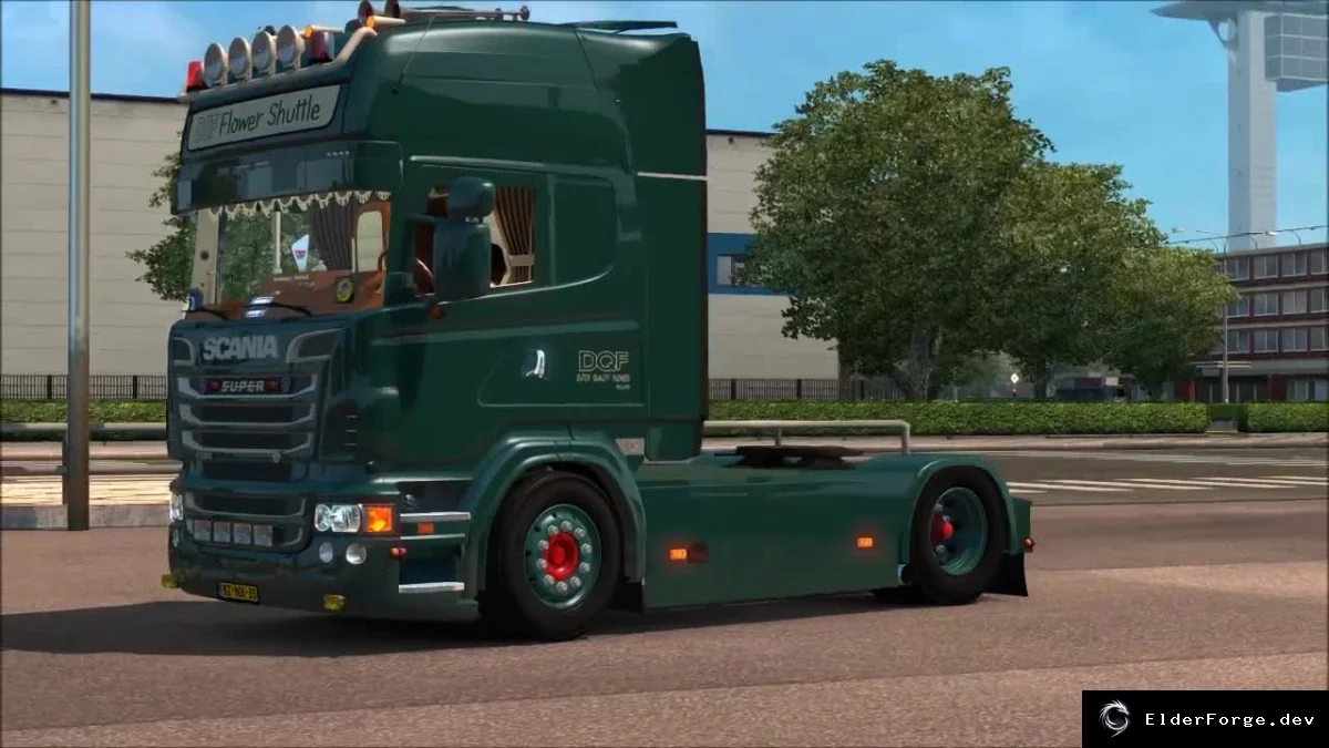 Обложка мода: Scania DQF Flower Shuttle + V8 Sound – мод для Euro Truck Simulator 2