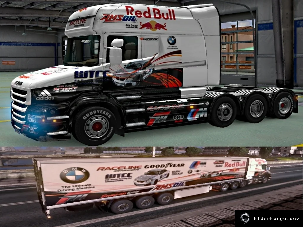 Обложка мода: Scania T Longline + Racing Trailer Skin для Euro Truck Simulator 2
