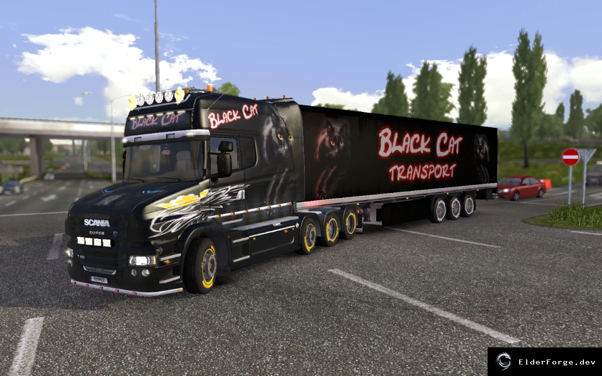 Обложка мода: Scania T-mod Black Cat + Trailer – Скин для Euro Truck Simulator 2