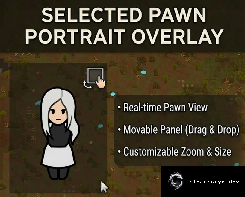 Обложка мода: Selected Pawn Portrait Overlay – полнофигурный портрет в HUD для RimWorld
