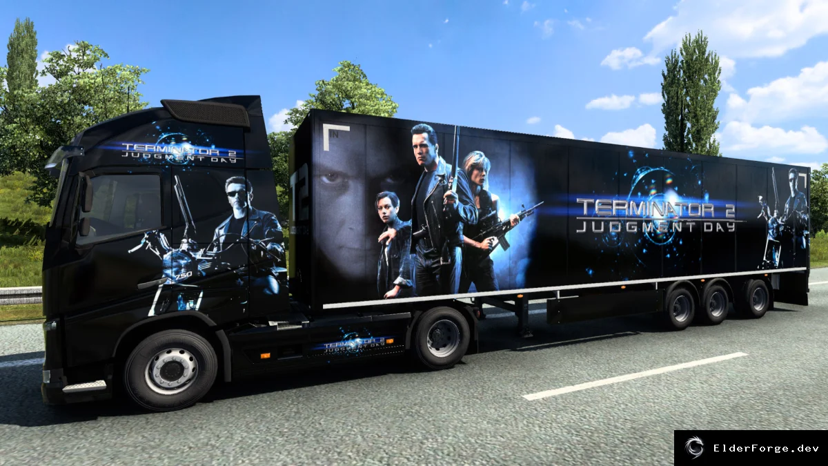 Обложка мода: Скин Volvo Terminator 2 для ETS2: грузовик, трейлер и брызговики