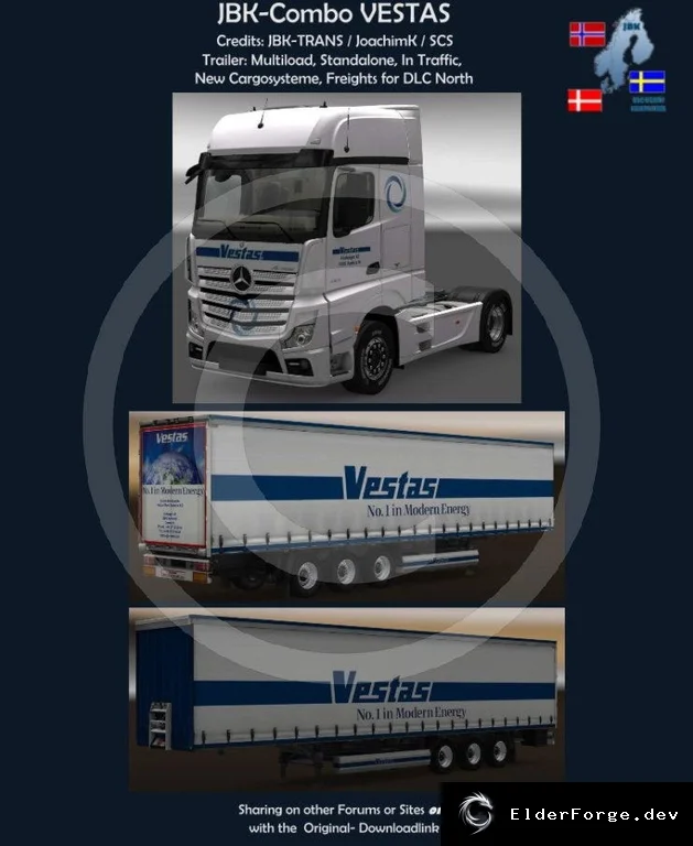 Обложка мода: Скин‑пак Vestas для Mercedes‑Benz MP4 и прицепа в Euro Truck Simulator 2