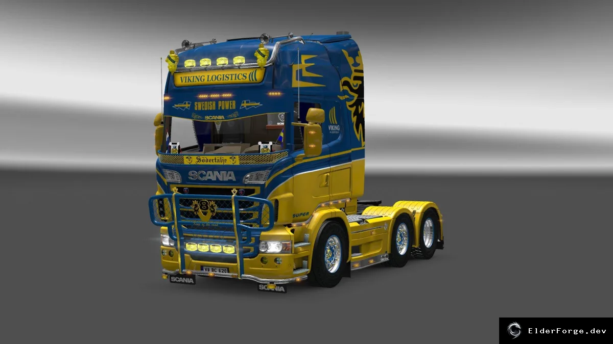 Обложка мода: Шведский тюнинг V8K-Blaine для Scania в ETS2 – солнцезащитный козырек, Stoneguard и флаги