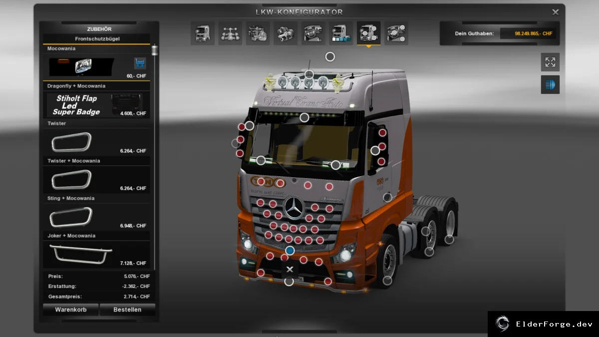 Обложка мода: TNT Mercedes-Benz Actros MPIV с интерьером и тюнингом для Euro Truck Simulator 2