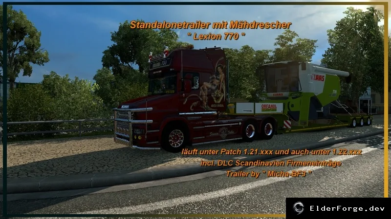 Обложка мода: Трейлер с комбайном Lexion 770 для Euro Truck Simulator 2 – автономный прицеп