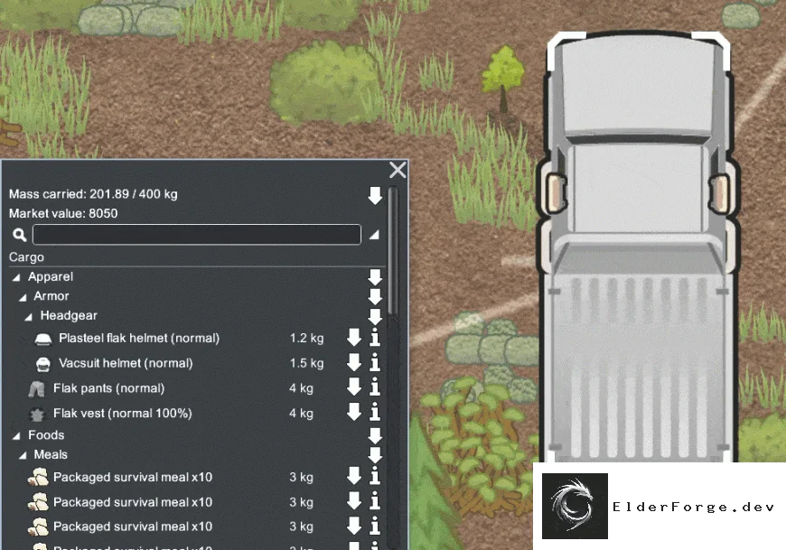 Улучшенный интерфейс груза для Vehicle Framework в RimWorld