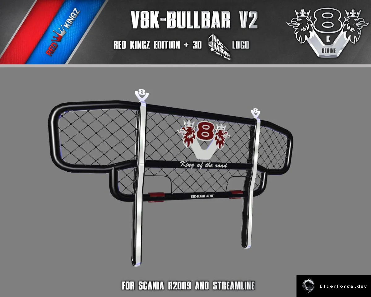 Обложка мода: V8K Blaine Scania Bullbar v2.0 + Nog Harder Logo – мод для Euro Truck Simulator 2