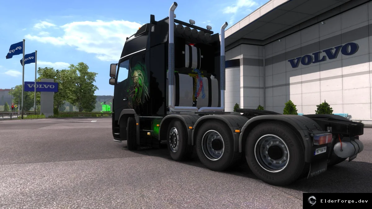 Обложка мода: Volvo FH16 2009 8x4 для ETS2 – реальный двигатель и камуфляжный скин