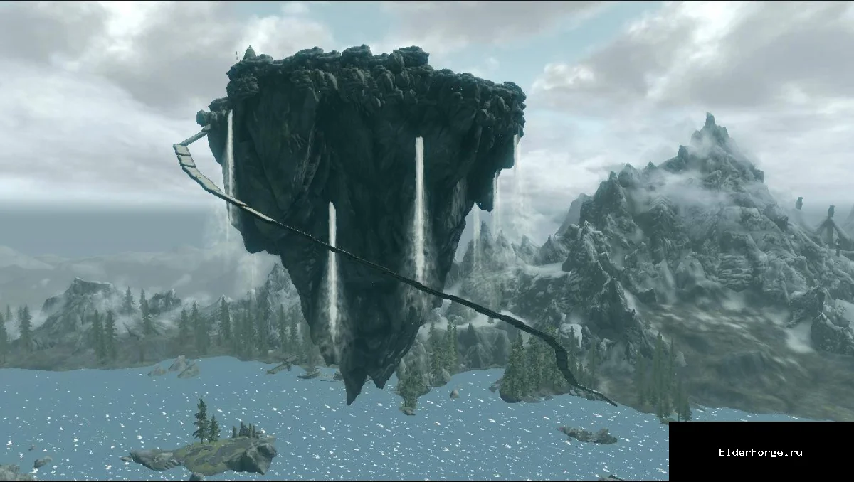 Обложка мода: Летающий город Dovahska v0.2 для Skyrim Legendary Edition – парящий мегаполис над озером