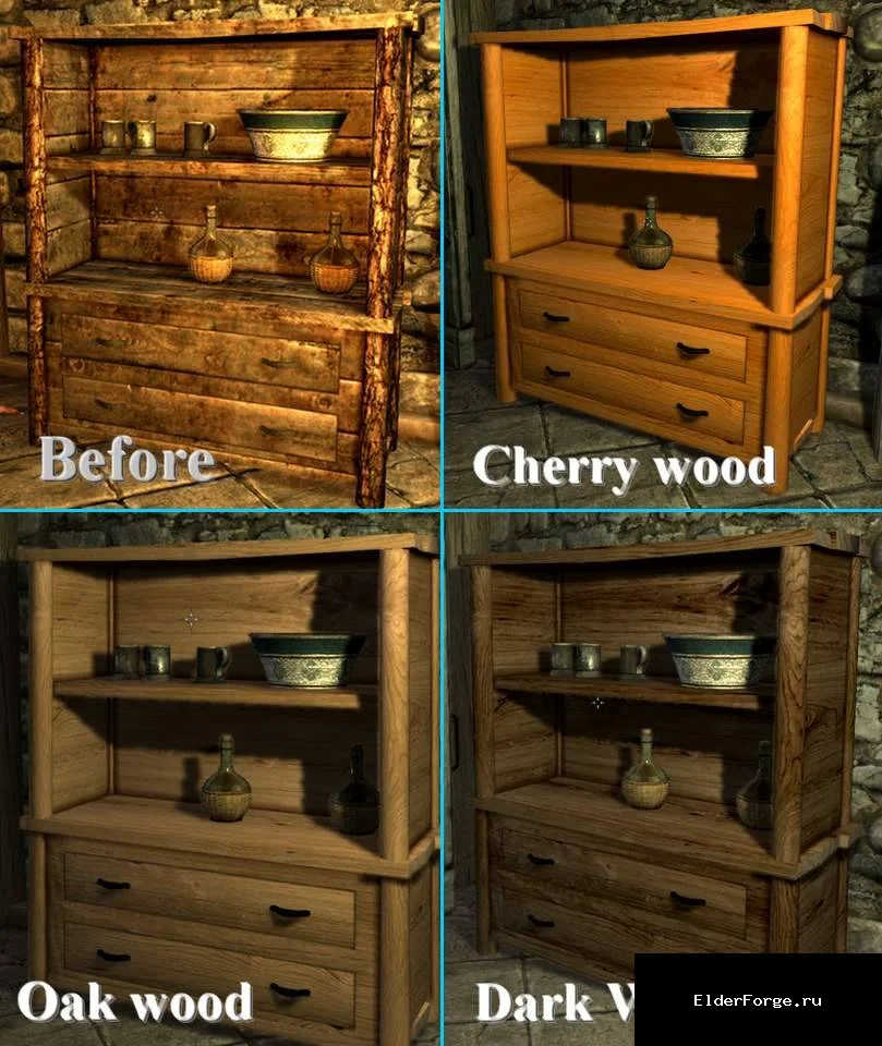 Обложка мода: Ретекстур мебели для Skyrim LE – новые варианты Cherry Wood, Dark Walnut и Oak Wood