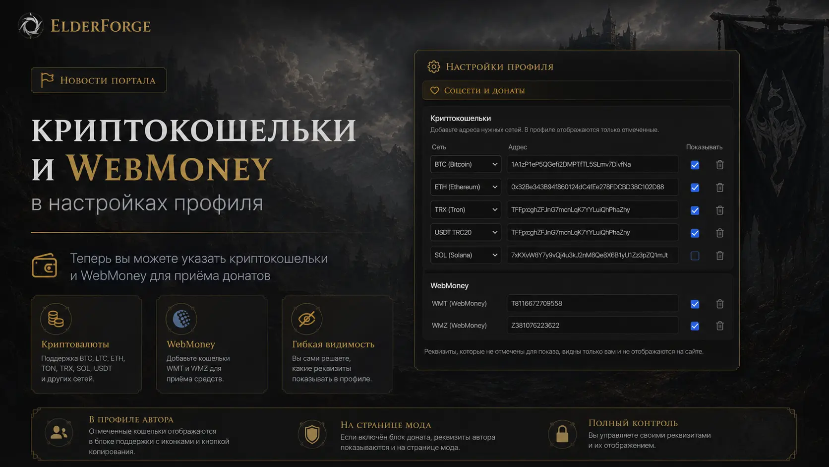 Обложка: Криптокошельки и WebMoney в настройках профиля 