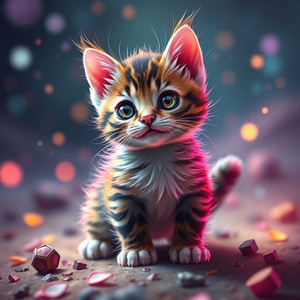 Tiny kitty, fantasy style, filmic score like