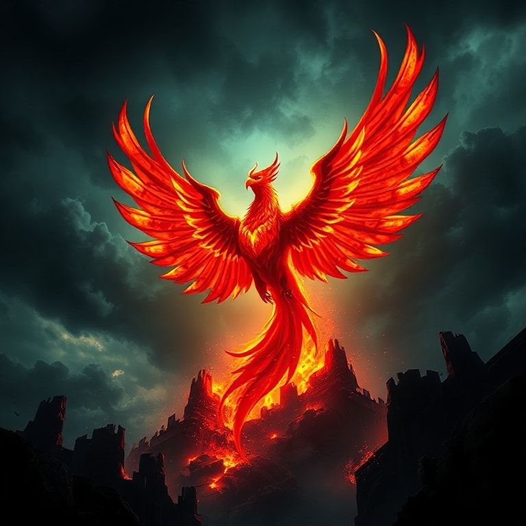 A towering phoenix erupts from smoldering ruins, wings ablaze in crimson and gold, silhouetted against a storm-choked sky. Noir-inspired high-contrast lighting carves deep shadows, emphasizing jagg...