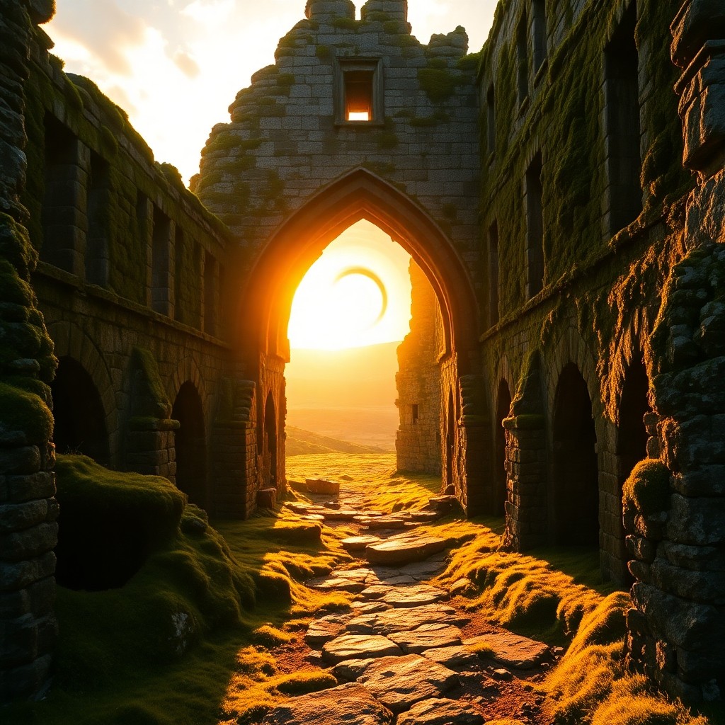 Ancient, moss-covered castle ruins reveal a swirling, golden portal; dramatic golden hour light illuminates the breach, casting long shadows. Cinematic landscape photography, vibrant colors, ethere...