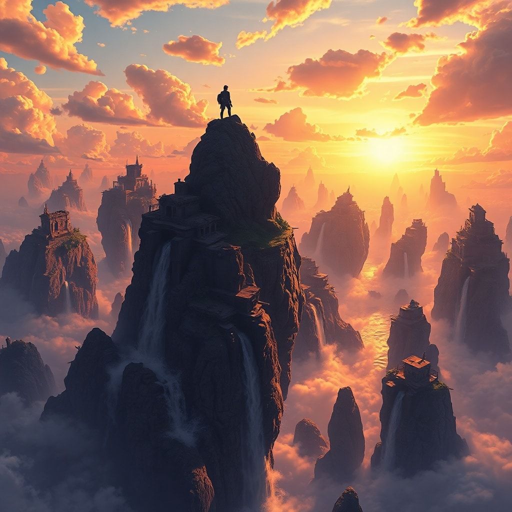 A vast expanse of floating islands drifts through a golden twilight sky, their jagged cliffs adorned with ancient ruins and cascading waterfalls. A lone adventurer stands atop the highest peak, sil...