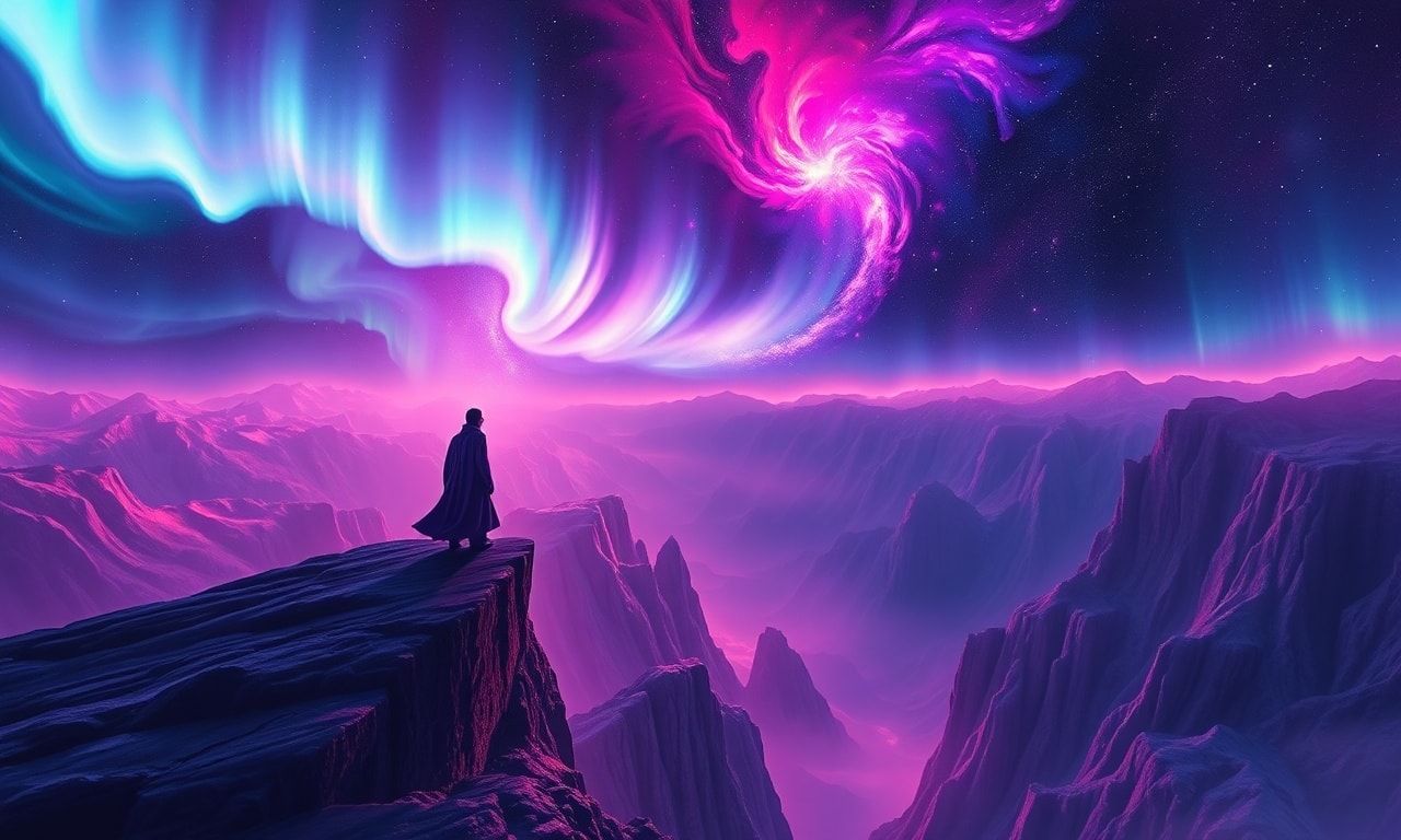 A solitary wanderer in a deep violet robe stands poised on the edge of a vast, swirling cosmic abyss, their form illuminated by the ethereal glow of a shimmering aurora, as vibrant, undulating ribb...