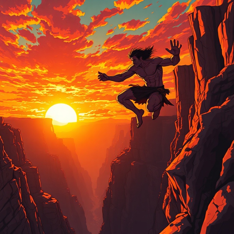 Dramatic anime illustration of a lone, muscular caveman silhouetted against a fiery canyon sunset, leaping across a vast gorge. Golden hour lighting, volumetric rays, hyperdetailed textures, vibran...