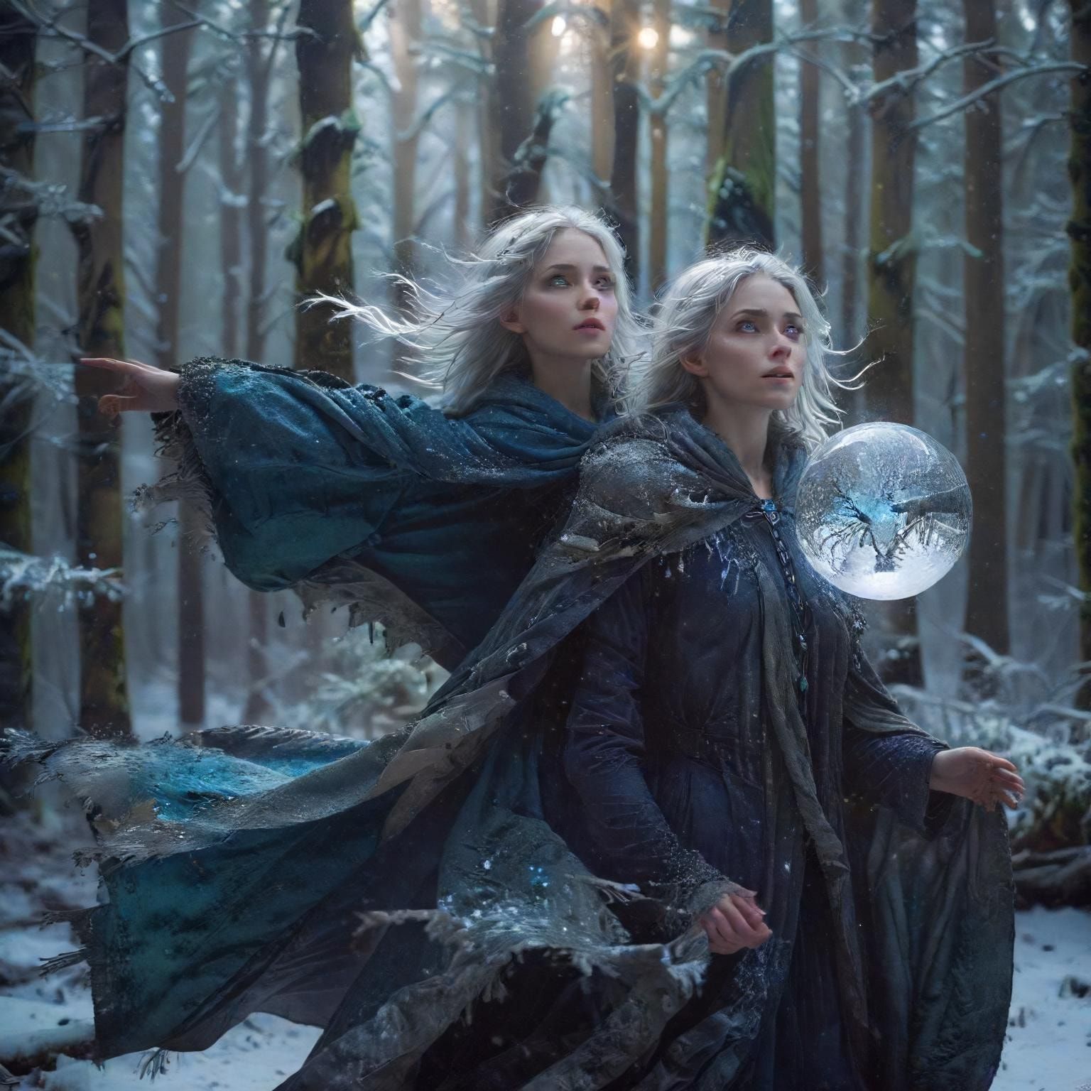 A mystical young woman with silver hair and glowing blue eyes stands amidst an ancient, snow-laden forest, her tattered cloak billowing in the icy wind as she gazes at a floating orb of ethereal li...