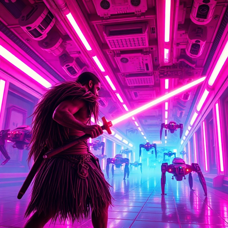 Synthwave cinematic shot: A lone caveman warrior wielding a glowing laser sword engages a swarm of robotic drones in a vast, neon-lit space corridor. Volumetric lighting, intense pink and cyan neon...