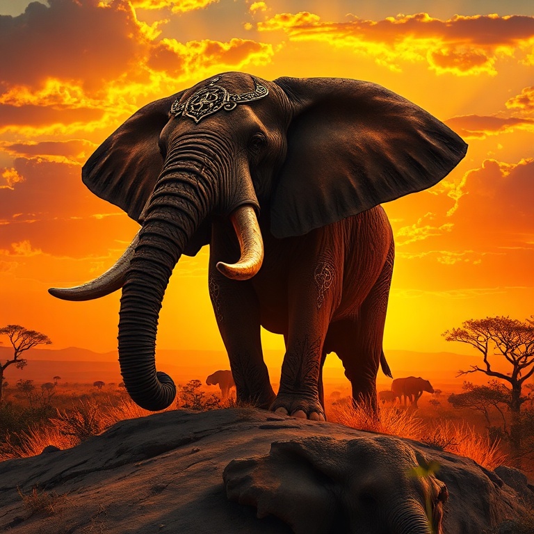 A colossal, battle-scarred war elephant stands atop a sun-baked savanna ridge at golden hour, its ornate medieval armor gleaming in the fiery sunset, tusks carved with ancient runes, silhouetted ag...